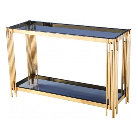 Preferred Milano Grey Glass Console Table With Gold Stainless Steel Throughout Gray And Gold Console Tables (View 1 of 10)