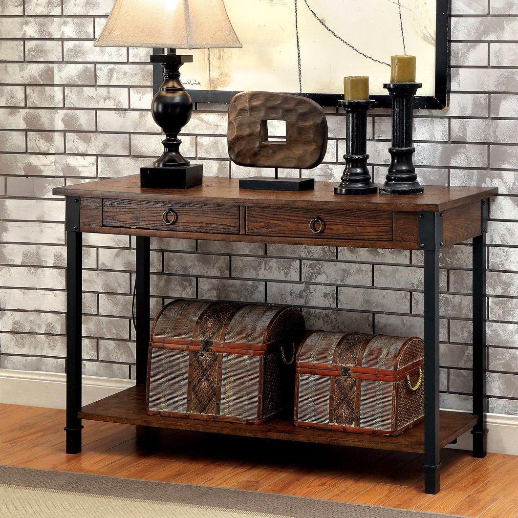 Preferred Seth Rustic 2 Drawer Wood Sofa Table With Black Metal Accents With Rustic Walnut Wood Console Tables (View 9 of 10)