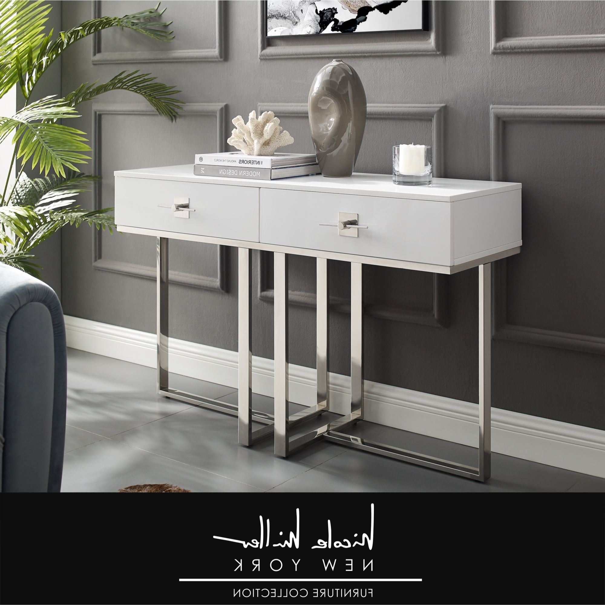 Recent Nicole Miller Meli Console Table 2 Drawers Hight Gloss Throughout Chrome Console Tables (View 3 of 10)