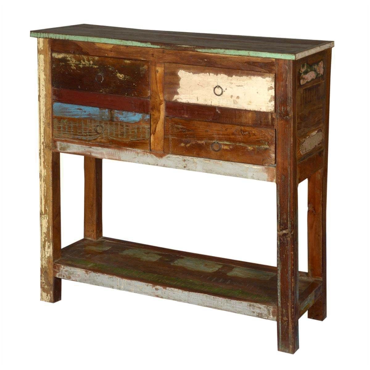 Reclaimed Wood Console Tables For Recent 2 Tier Reclaimed Wood Console Table With 4 Drawers (View 7 of 10)