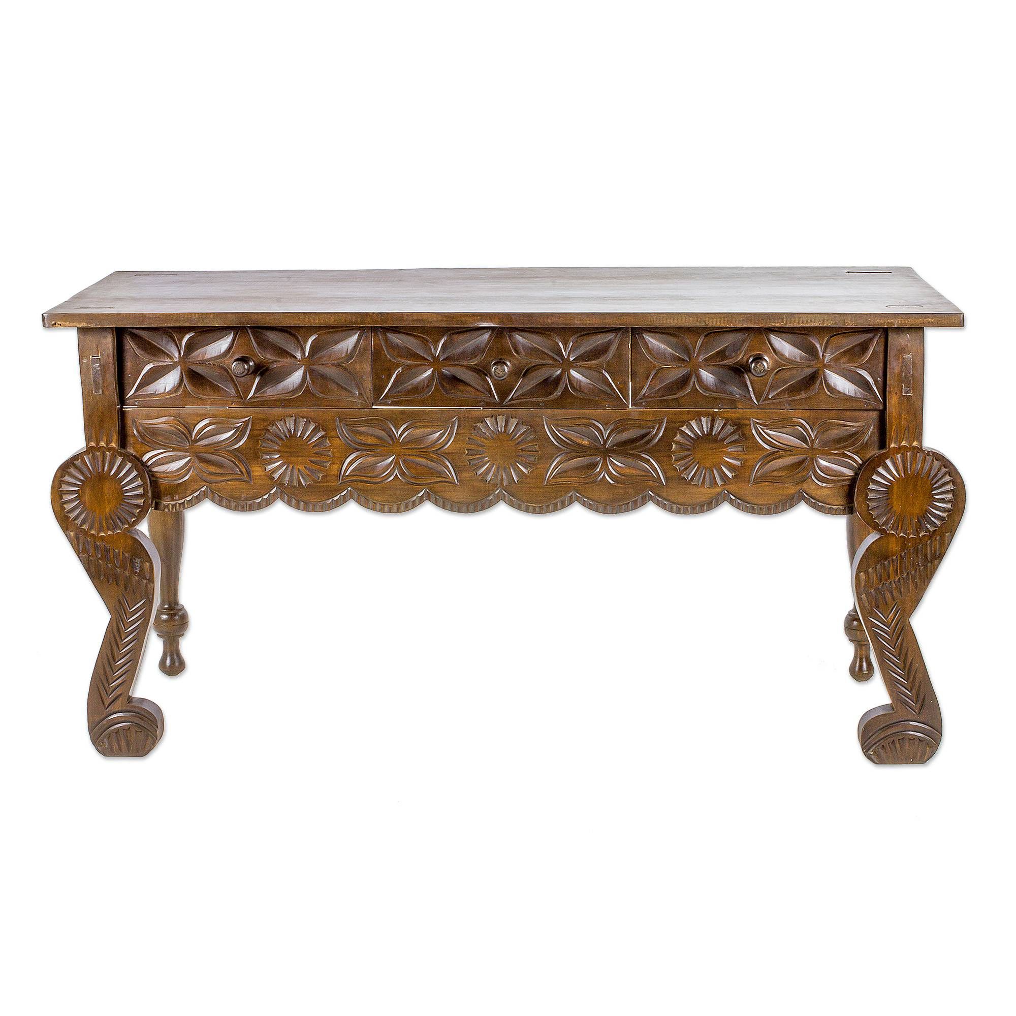 Rustic Bronze Patina Console Tables Pertaining To Most Recent Handcrafted Wood Console Table From Guatemala – Floral (View 9 of 10)