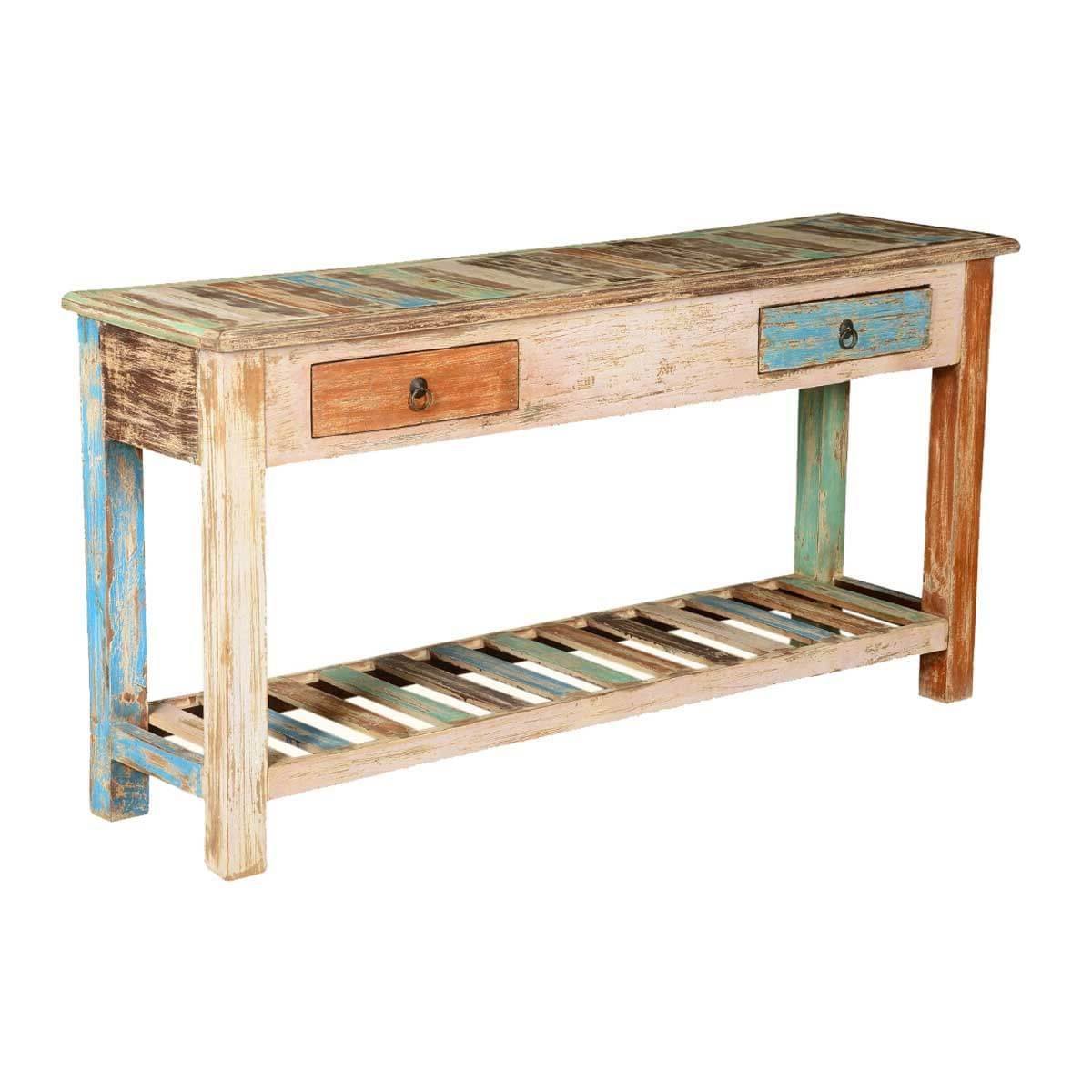 Rustic Colors Mango Wood 59" Hall Console Table W Drawers Intended For Well Known Rustic Walnut Wood Console Tables (View 10 of 10)
