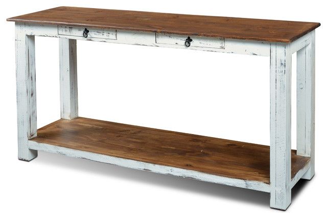 Rustic Solid Wood Distressed White 2 Drawer Sofa Table For 2020 Square Weathered White Wood Console Tables (View 9 of 10)