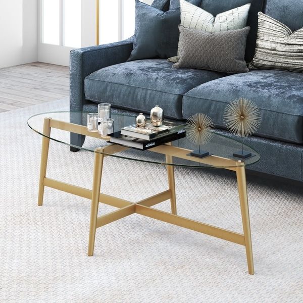 Shop Olson Oval Gold Finish Metal Coffee Table With Glass For Recent Glass And Gold Oval Console Tables (View 6 of 10)