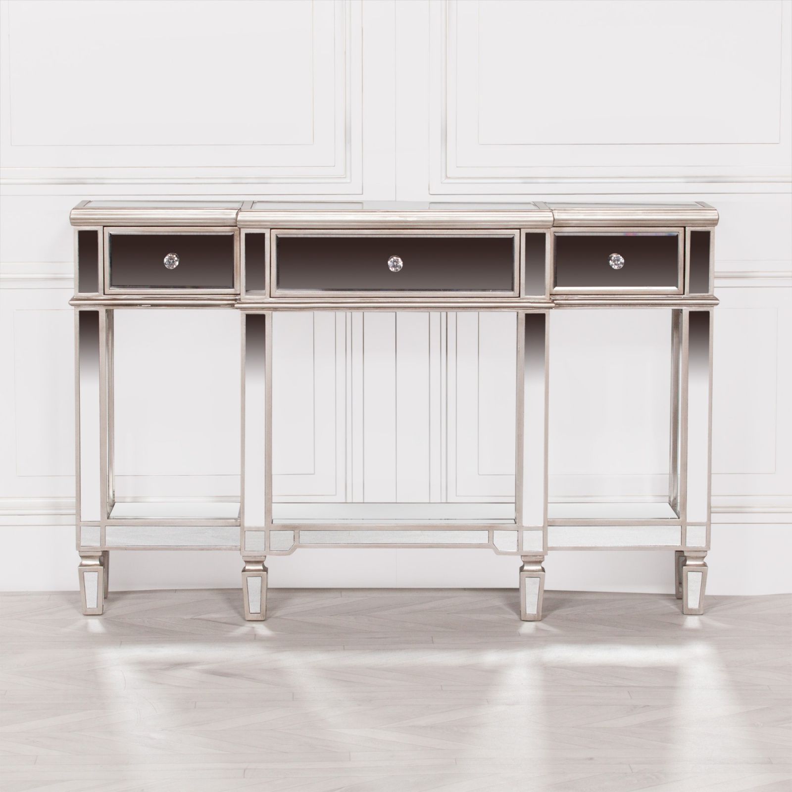 Silver Console Tables In Widely Used Venetian Hall Demilune Mirrored Silver Console Table (View 7 of 10)