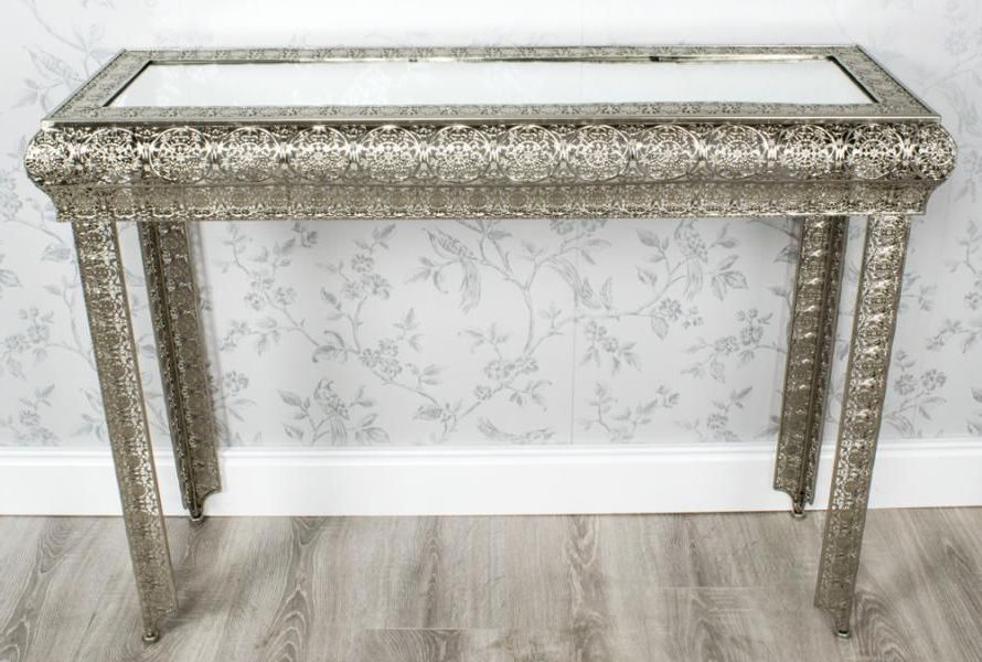Silver Moroccan Embossed Metal Glass Console Side Hall For Favorite Antique Silver Aluminum Console Tables (View 4 of 10)