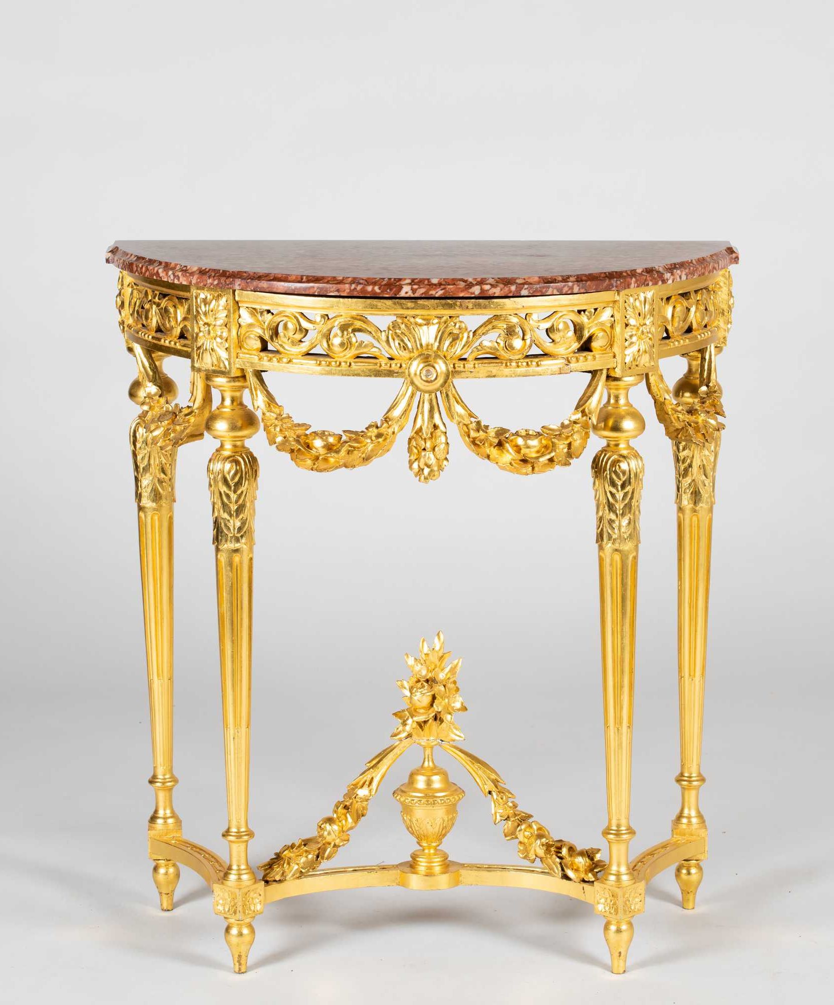 Small French Marble Top Gilded And Carved Console Table In Fashionable Marble Top Console Tables (View 7 of 10)