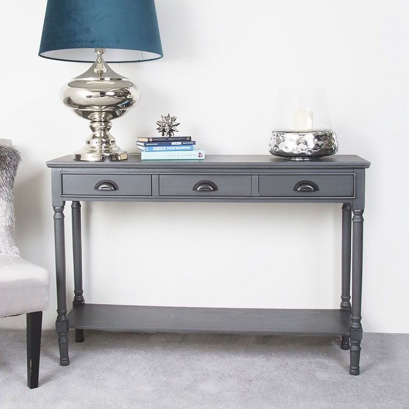 Smoke Gray Wood Console Tables Inside Preferred Arabella Grey Wood Large 3 Drawer Console Table Hallway (View 2 of 10)