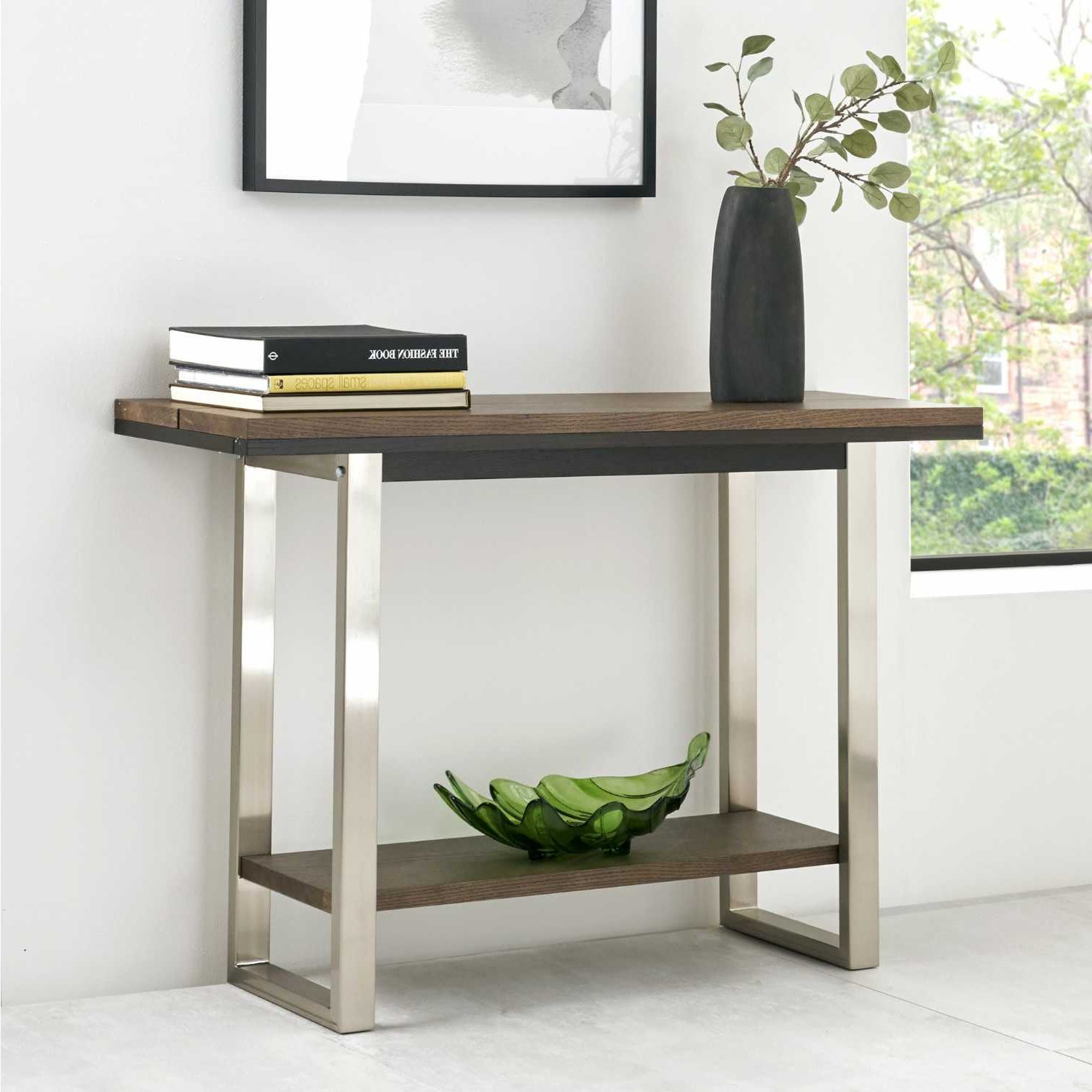 Tivoli Dark Oiled Oak Brushed Nickel Metal Framed Console In Well Known Metal And Mission Oak Console Tables (View 1 of 10)