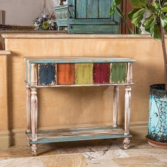 Trendy Antique Blue Wood And Gold Console Tables Inside Buy Leo Antique Multi Color Weathered Wood 2 Drawer (View 8 of 10)