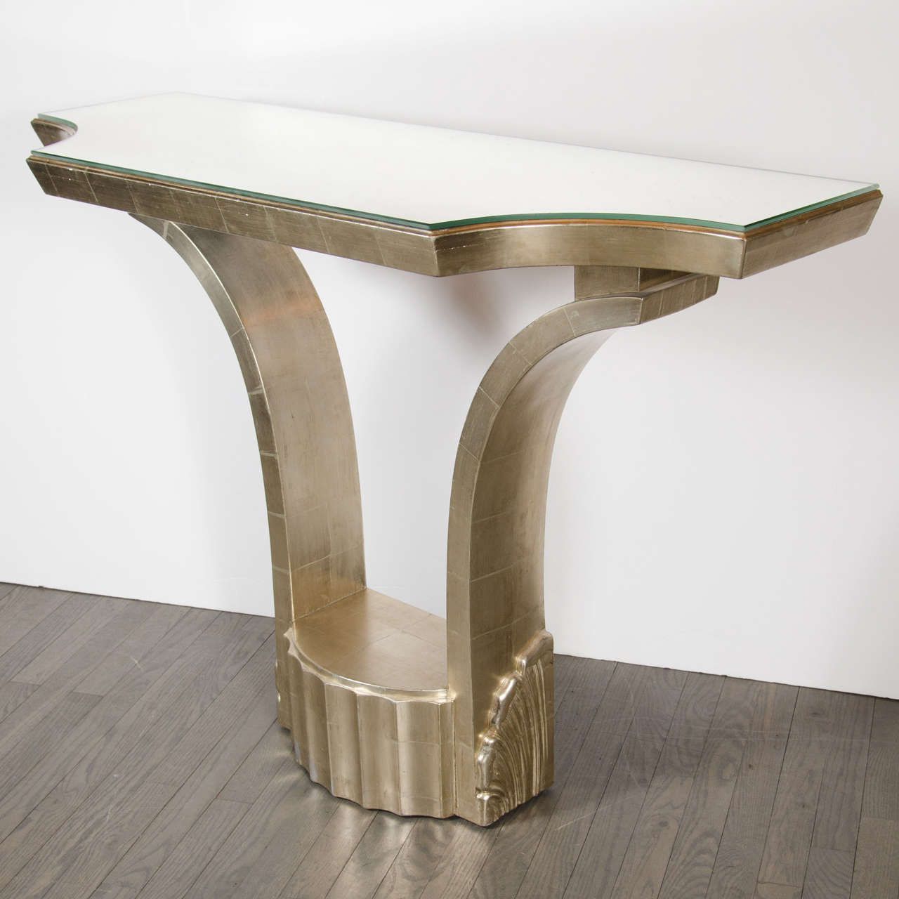 Trendy Hollywood Regency Console With White Gold Leafing And Pertaining To Gold And Mirror Modern Cube Console Tables (View 7 of 10)