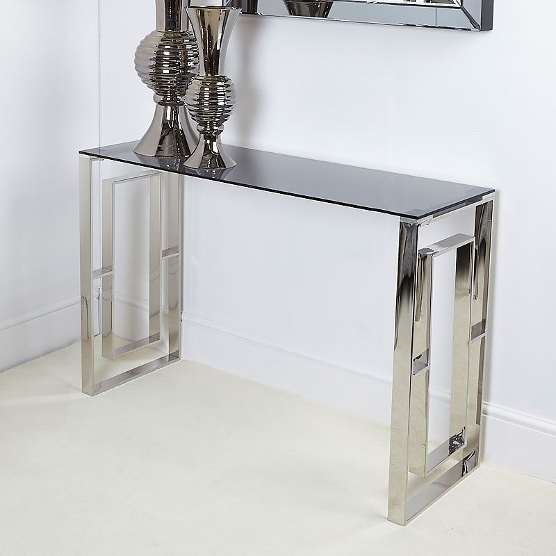 Trendy Plaza Contemporary Stainless Steel Smoked Glass Console Intended For Brass Smoked Glass Console Tables (View 9 of 10)