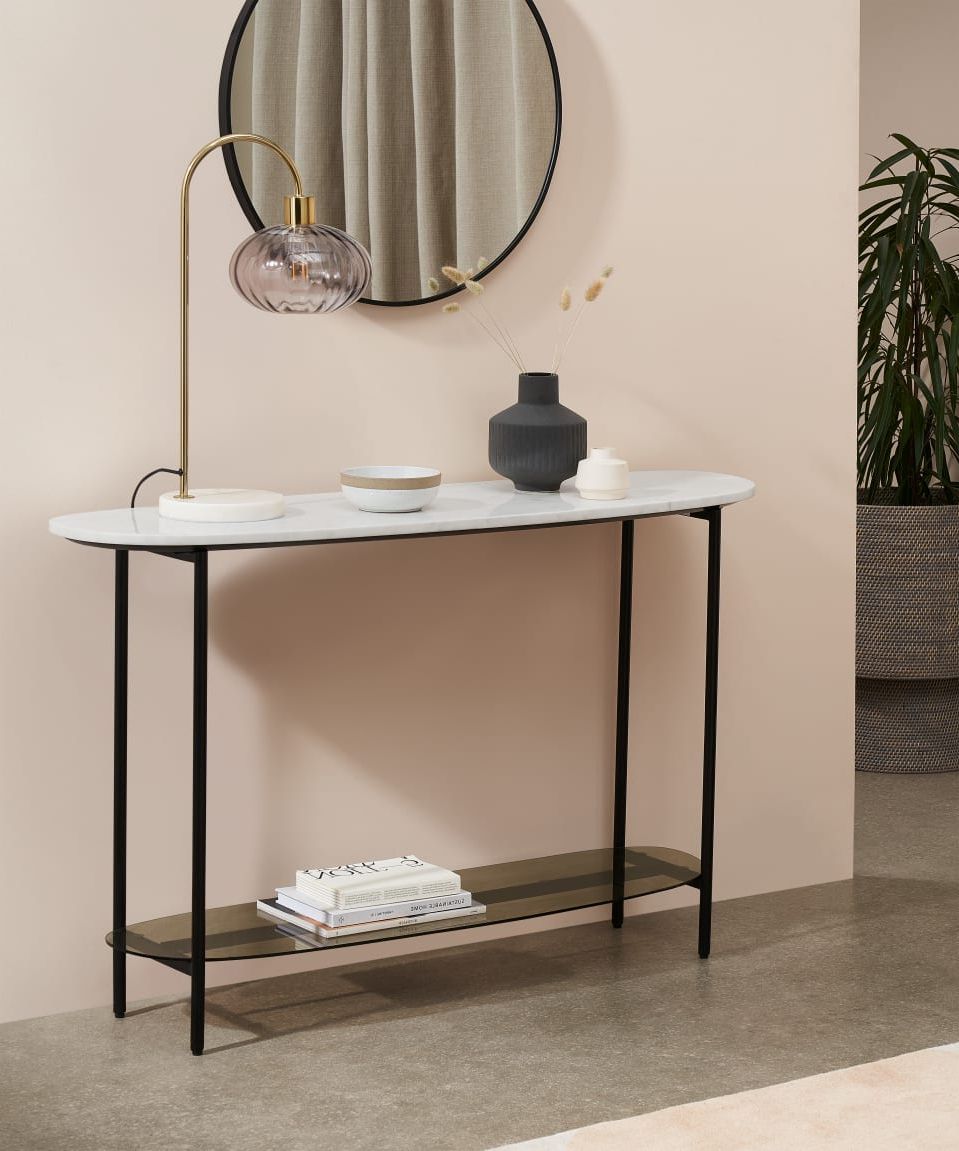 Trendy White Stone Console Tables With Tiziana Console Table, White Marble & Amber Glass (View 6 of 10)