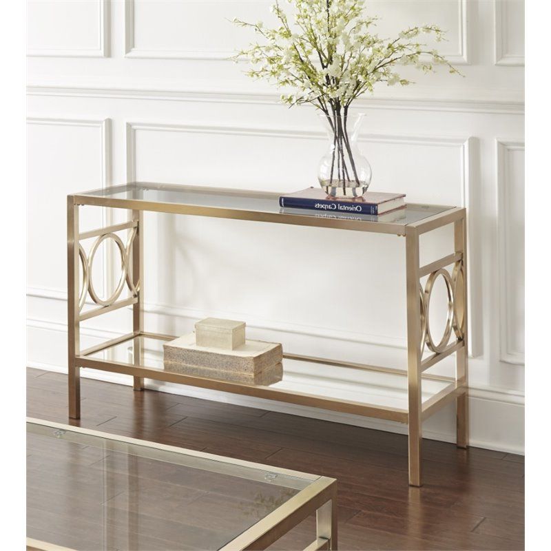 Walnut Wood And Gold Metal Console Tables Pertaining To Well Known Steve Silver Olympia Glass Top Console Table In Gold (View 5 of 10)