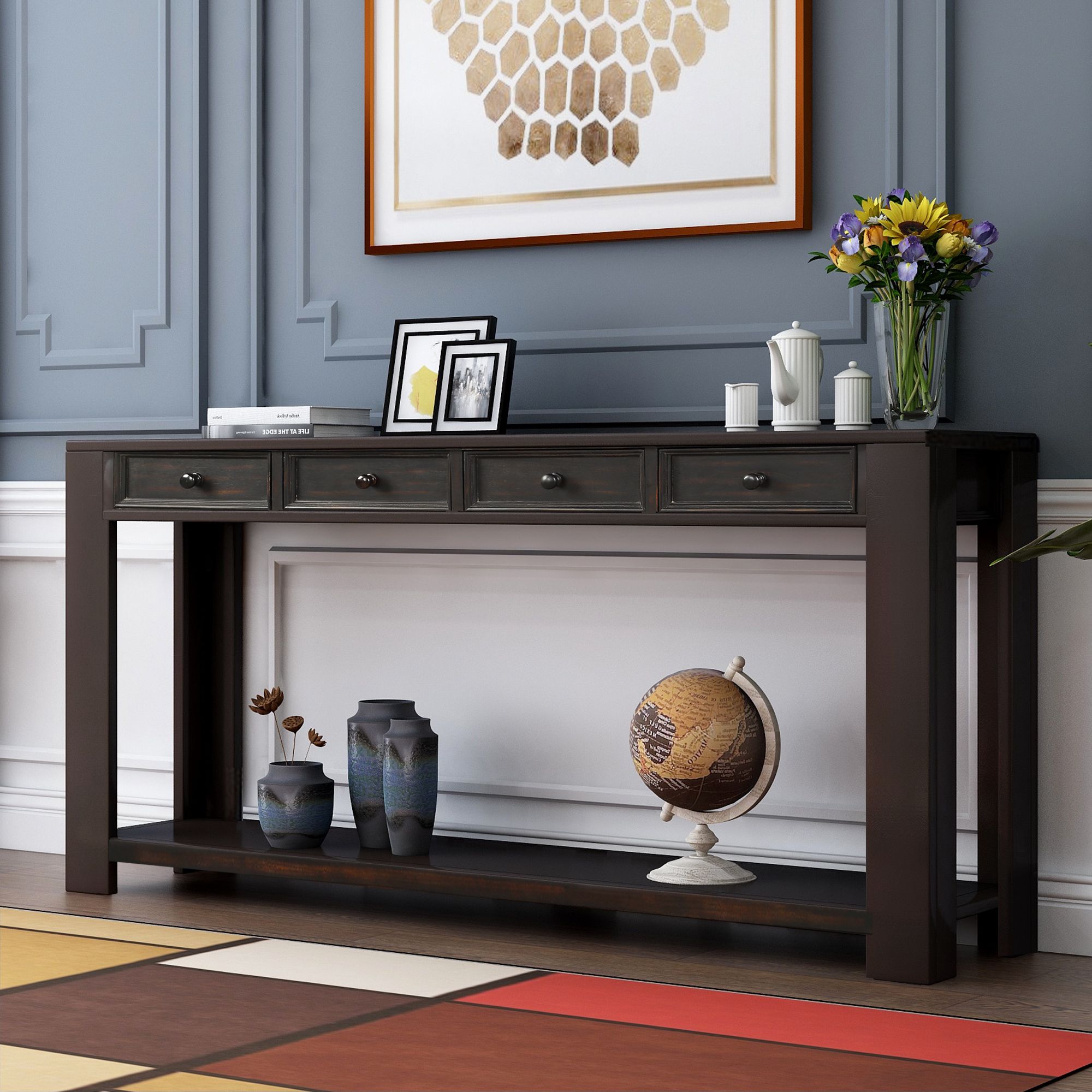 Well Known Console Table With 4 Drawer, Industric Entrywall Hallway In Open Storage Console Tables (View 4 of 10)