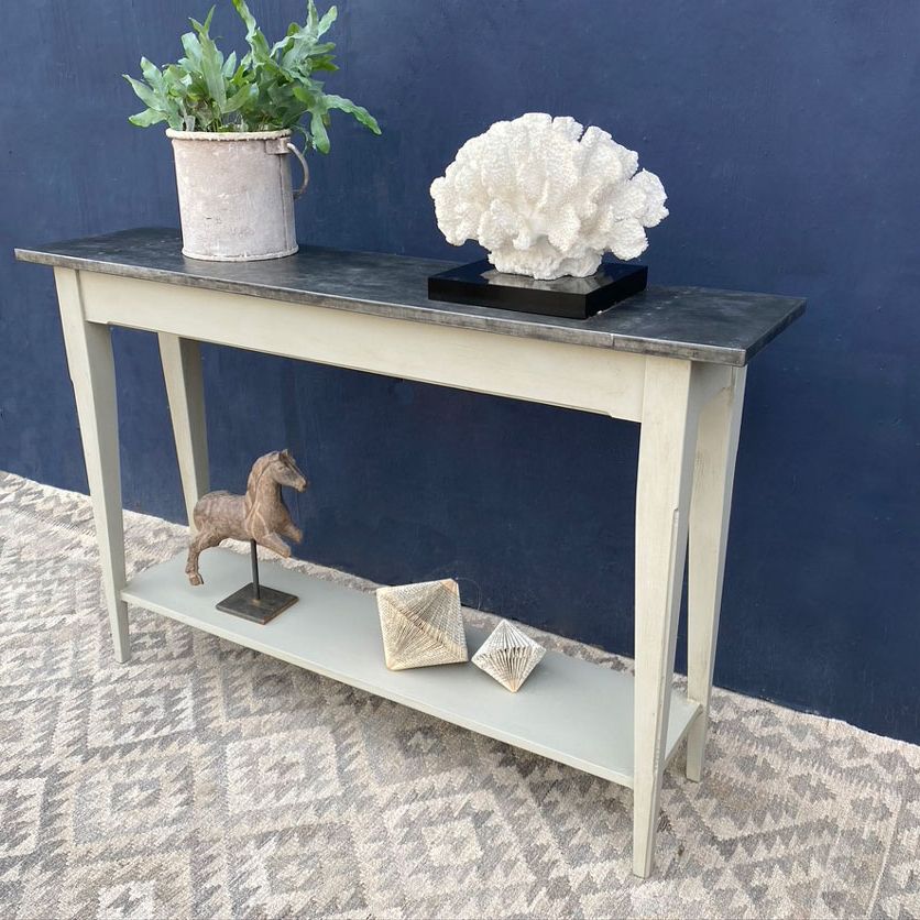 Well Known Hammered Antique Brass Modern Console Tables Regarding Metal Topped Slim Console Table With Shelf – Home Barn Vintage (View 4 of 10)