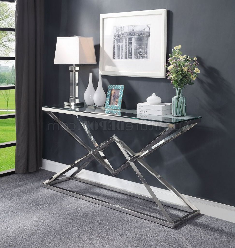 Well Liked Glass And Stainless Steel Console Tables Intended For Wirt Console Table 90525 Clear Glass & Stainless Steelacme (View 5 of 10)