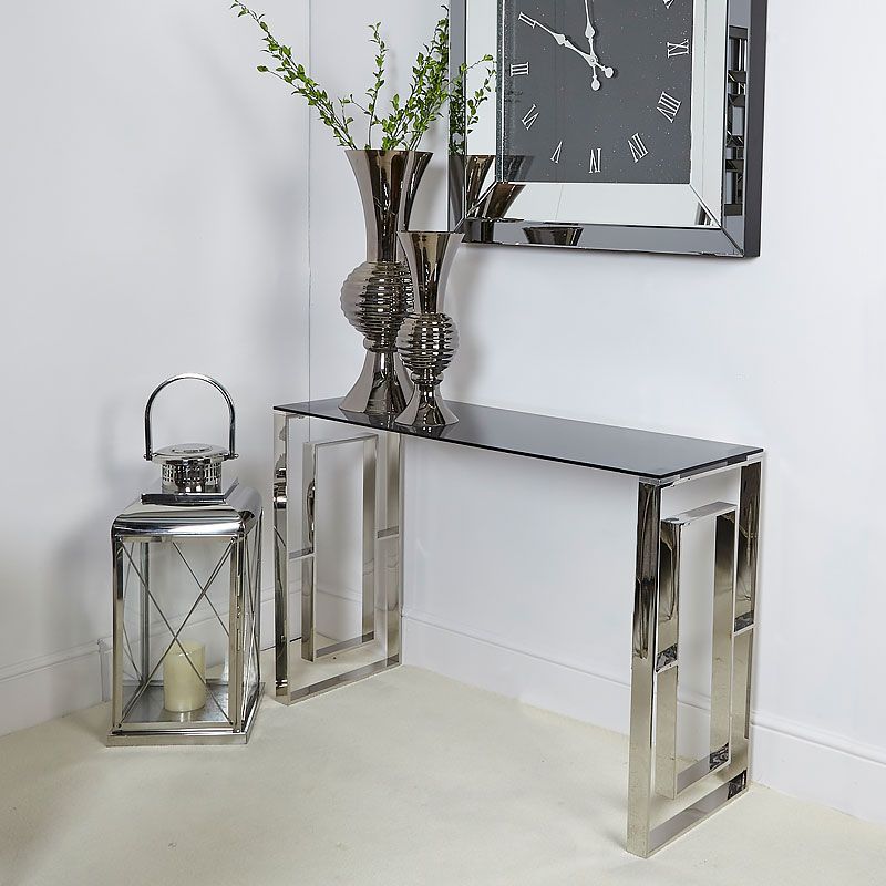 Well Liked Glass And Stainless Steel Console Tables Regarding Plaza Contemporary Stainless Steel Smoked Glass Console (View 4 of 10)