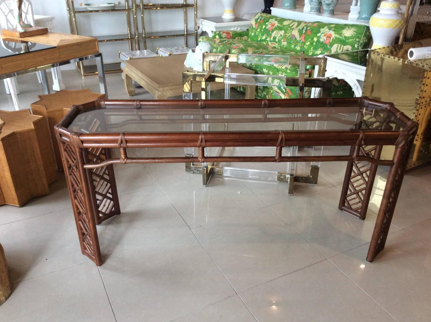 Wicker Console Tables Pertaining To Popular Brown Jordan Rattan Console Table Faux Bamboo Hollywood (View 10 of 10)