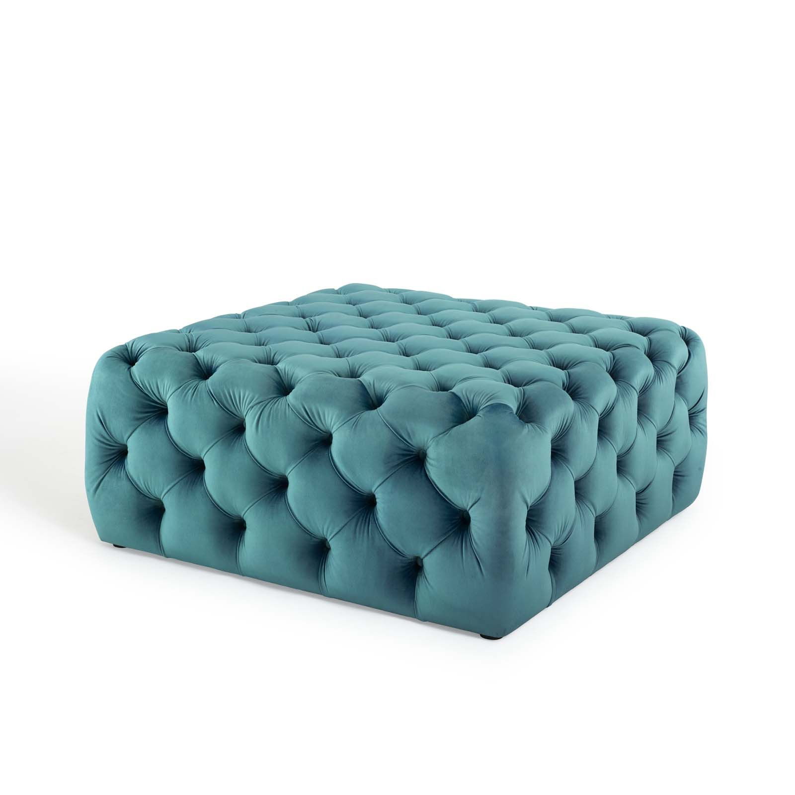 2019 Anthem Tufted Button Large Square Performance Velvet Ottoman Sea Blue Pertaining To Light Gray Velvet Fabric Accent Ottomans (View 3 of 10)