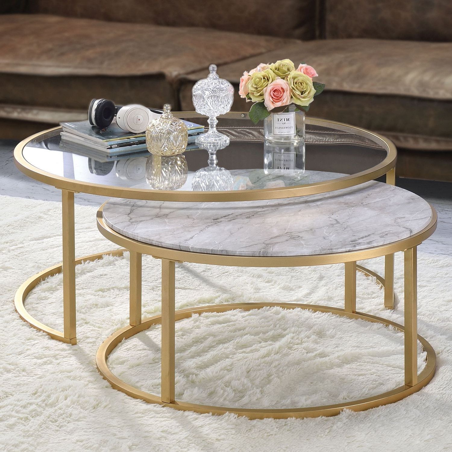 2019 Gold And Glass Nesting Coffee Tables : The Leo Coffee Table Nest Moss In Geometric Glass Top Gold Coffee Tables (View 3 of 10)