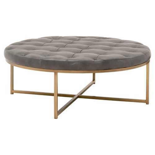 2019 Roxy Modern Gold Metal Grey Leather Cushion Round Cocktail Ottoman In Gray And Gold Coffee Tables (View 10 of 10)