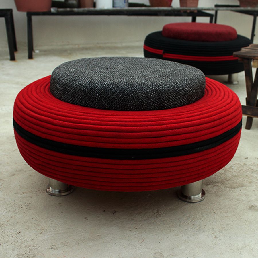 2020 Dark Red And Cream Woven Pouf Ottomans With Regard To Mib Ottoman Pouffe For Living Room With Storage (red, Black Stripped (View 7 of 10)