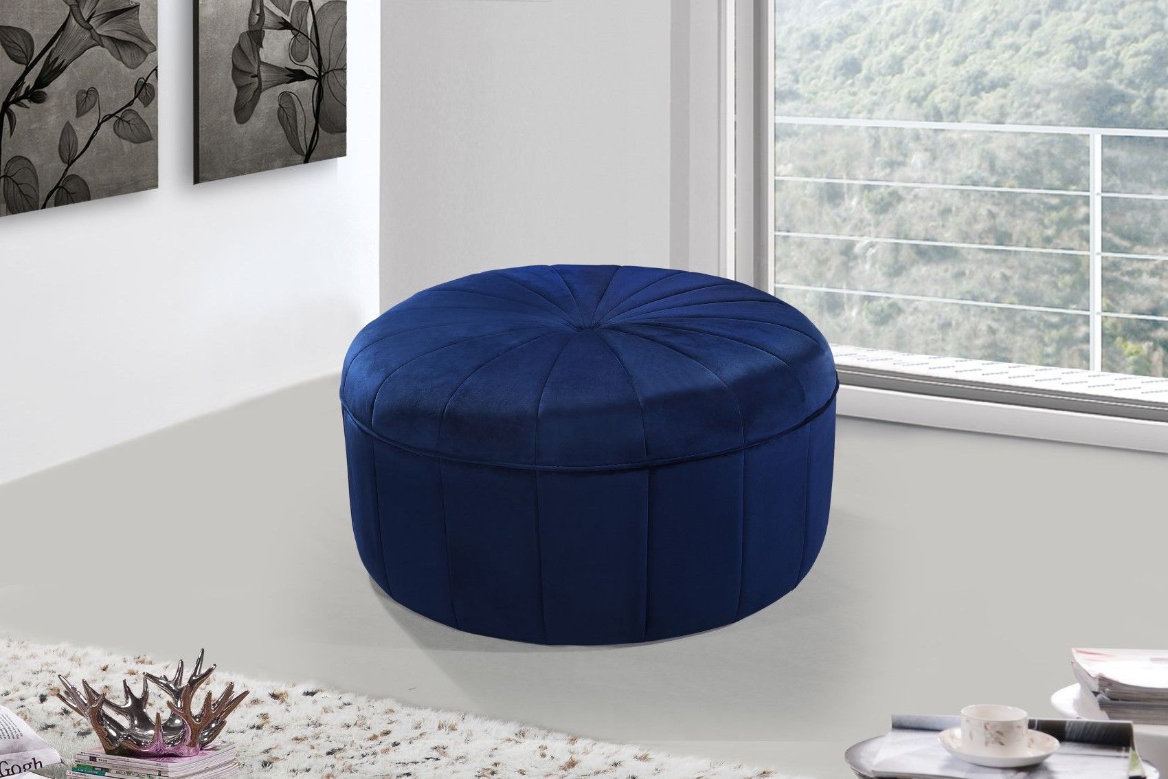 2020 Navy Velvet Fabric Benches For Thane Contemporary Round Ottoman Bench In Navy Blue Channel Tufted Velvet (View 1 of 10)