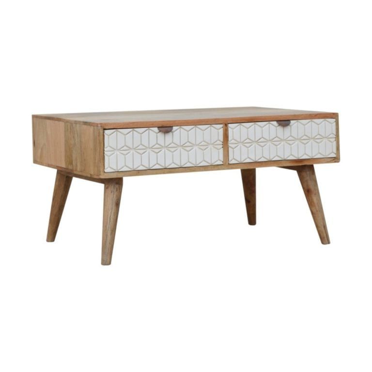 2020 White Geometric Solid Wood Coffee Table With 2 Drawers Within White Geometric Coffee Tables (View 7 of 10)