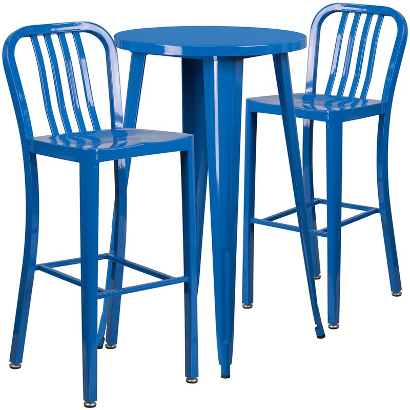 24'' Round Blue Metal Indoor Outdoor Bar Table Set With 2 Vertical Slat Intended For Best And Newest Blue And Gold Round Side Stools (View 6 of 10)