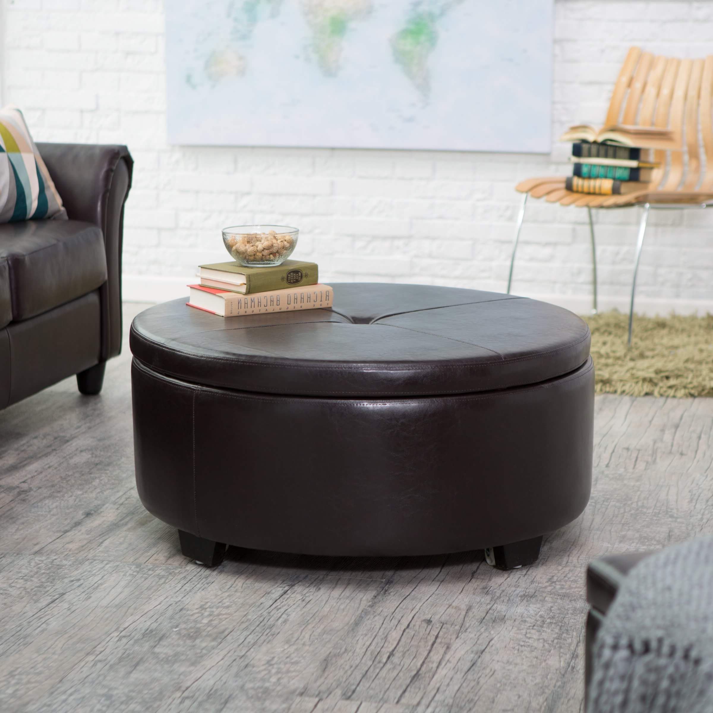 36 Top Brown Leather Ottoman Coffee Tables With Famous Brown Faux Leather Tufted Round Wood Ottomans (View 4 of 10)