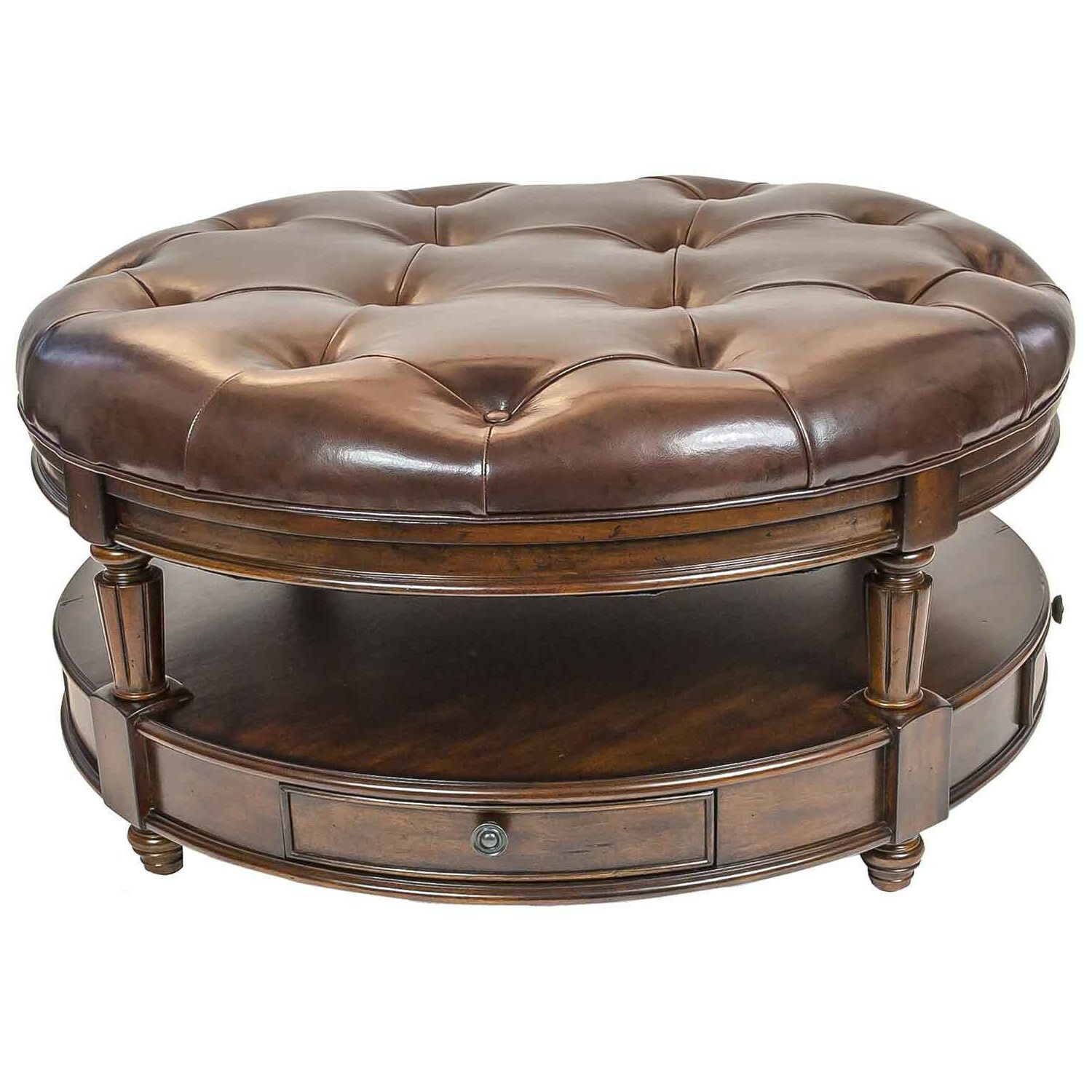 42''d Faux Leather Round Ottoman In Brown W/storage Drawers – Ottomans Throughout Well Liked Gold And White Leather Round Ottomans (View 5 of 10)