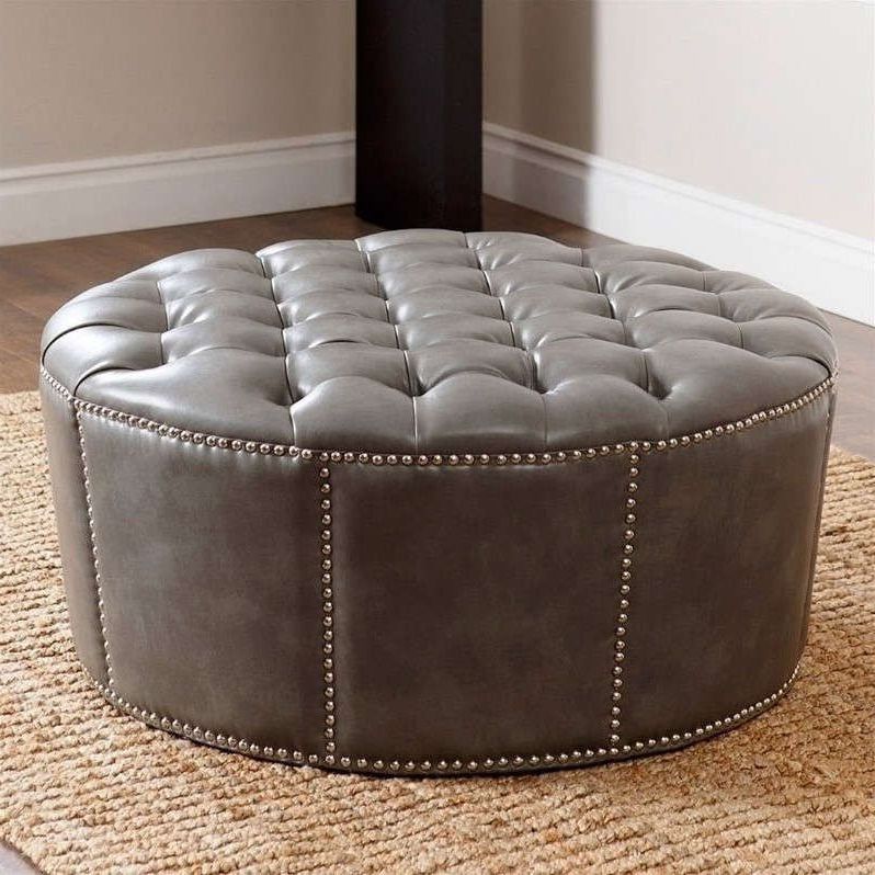 Abbyson Living Hs Ot 225 30 Lgryl Newport Leather Nailhead Trim Round Intended For Preferred Medium Gray Leather Pouf Ottomans (View 2 of 10)