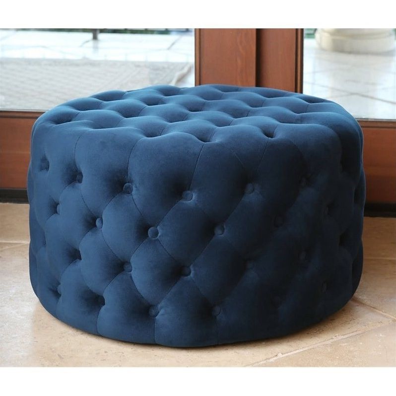 Abbyson Living Jemma Tufted Round Velvet Ottoman In Blue – Br 2751043 Blu In Favorite Pouf Textured Blue Round Pouf Ottomans (View 4 of 10)
