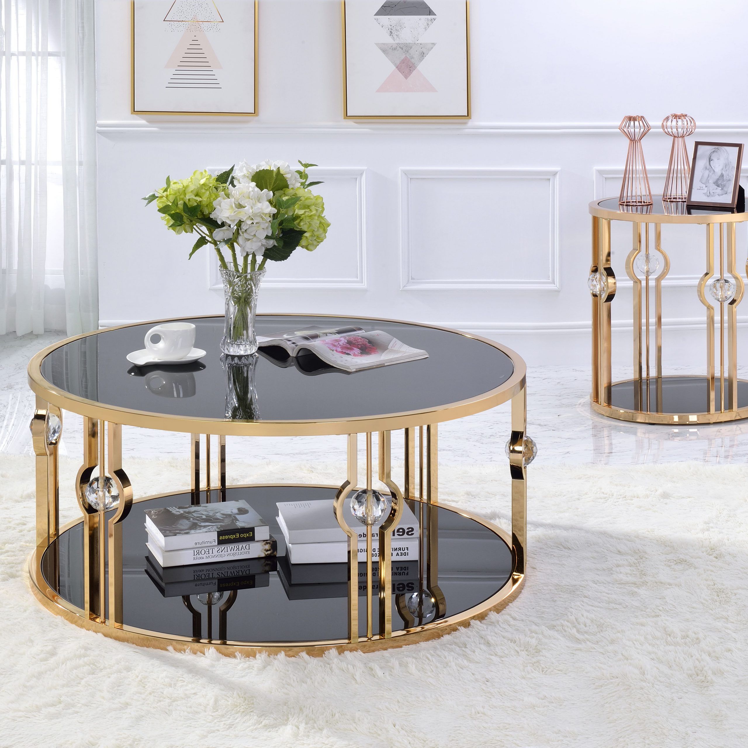 Acme Daloris Metal Frame Coffee Table In Gold And Black Glass – Walmart Regarding Fashionable Black Coffee Tables (View 7 of 10)