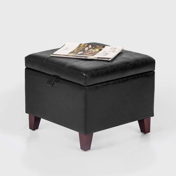 Adeco Square Faux Leather Storage Ottoman With Tufted Flip Top With Best And Newest Black Faux Leather Ottomans With Pull Tab (View 9 of 10)