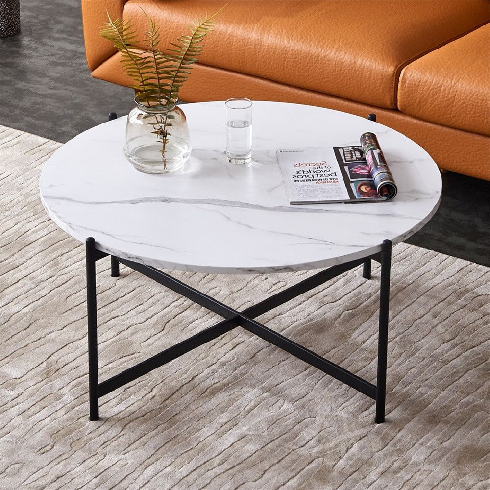 Ailsa 36" Round Coffee Table, Mid Century Modern Coffee Table W/ White Throughout Most Up To Date Faux White Marble And Metal Coffee Tables (View 1 of 10)