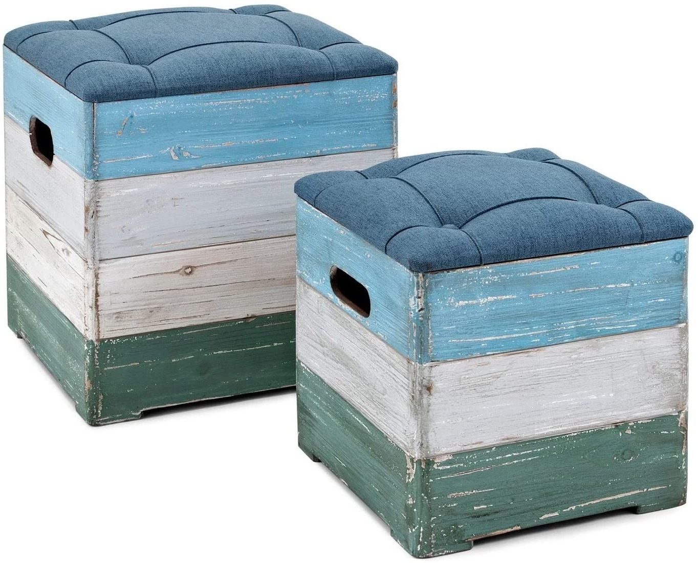 Amazon: Multi Color Wood Crate Ottomans (set Of 2) Blue Green White With Regard To Trendy Blue Fabric Tufted Surfboard Ottomans (View 7 of 10)