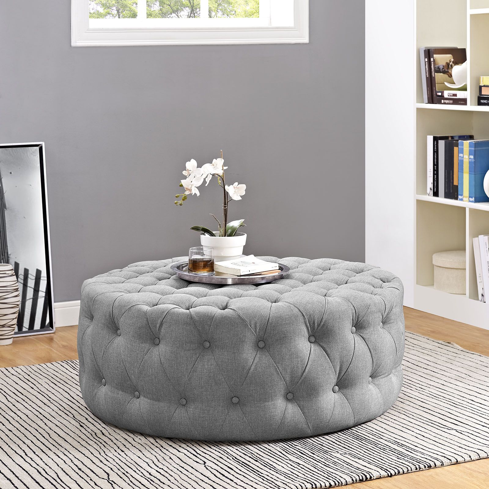 Amour Upholstered Fabric Ottoman Light Gray Pertaining To Widely Used Beige And Light Gray Fabric Pouf Ottomans (View 9 of 10)
