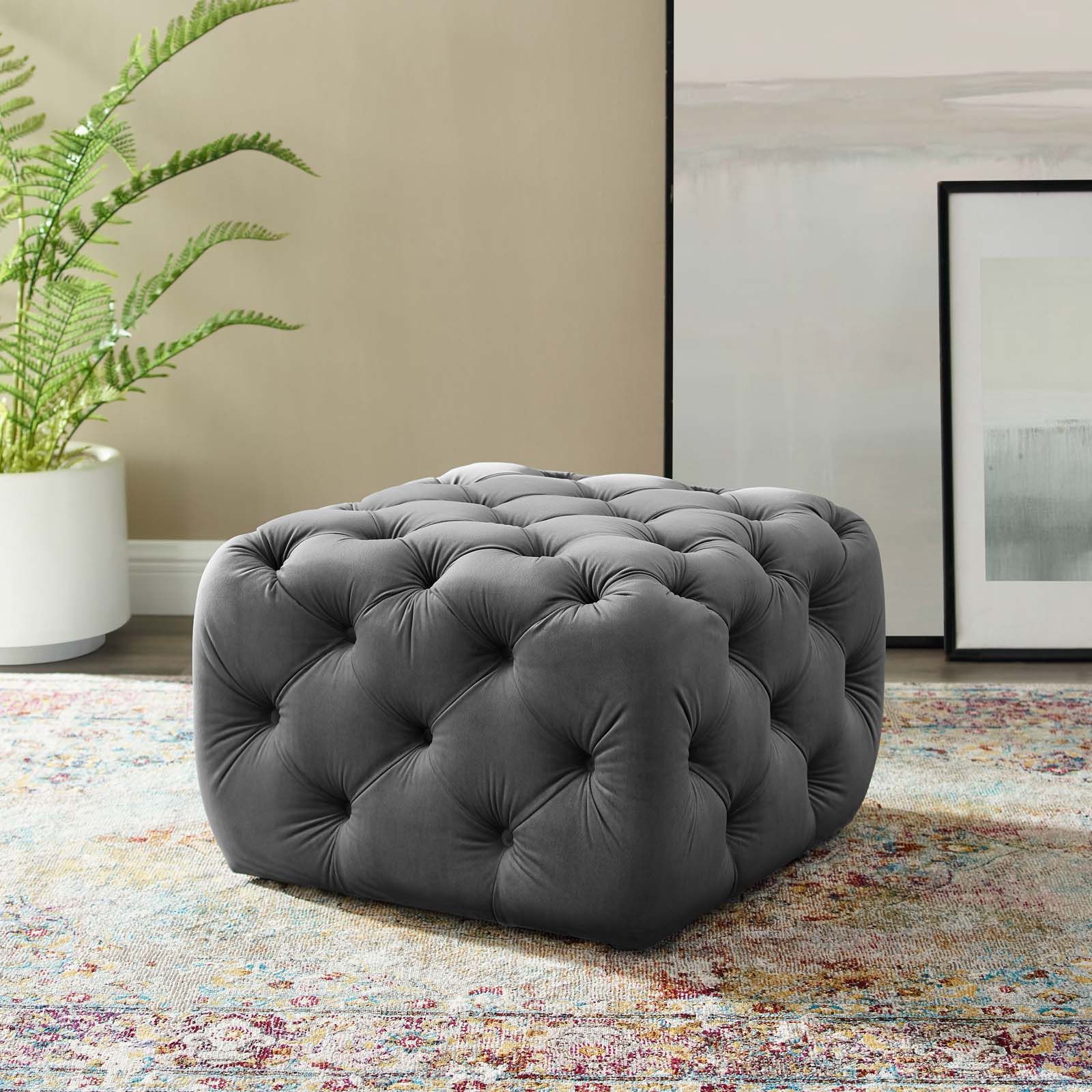 Anthem Tufted Button Square Performance Velvet Ottoman Gray Intended For Most Recent White Wool Square Pouf Ottomans (View 2 of 10)
