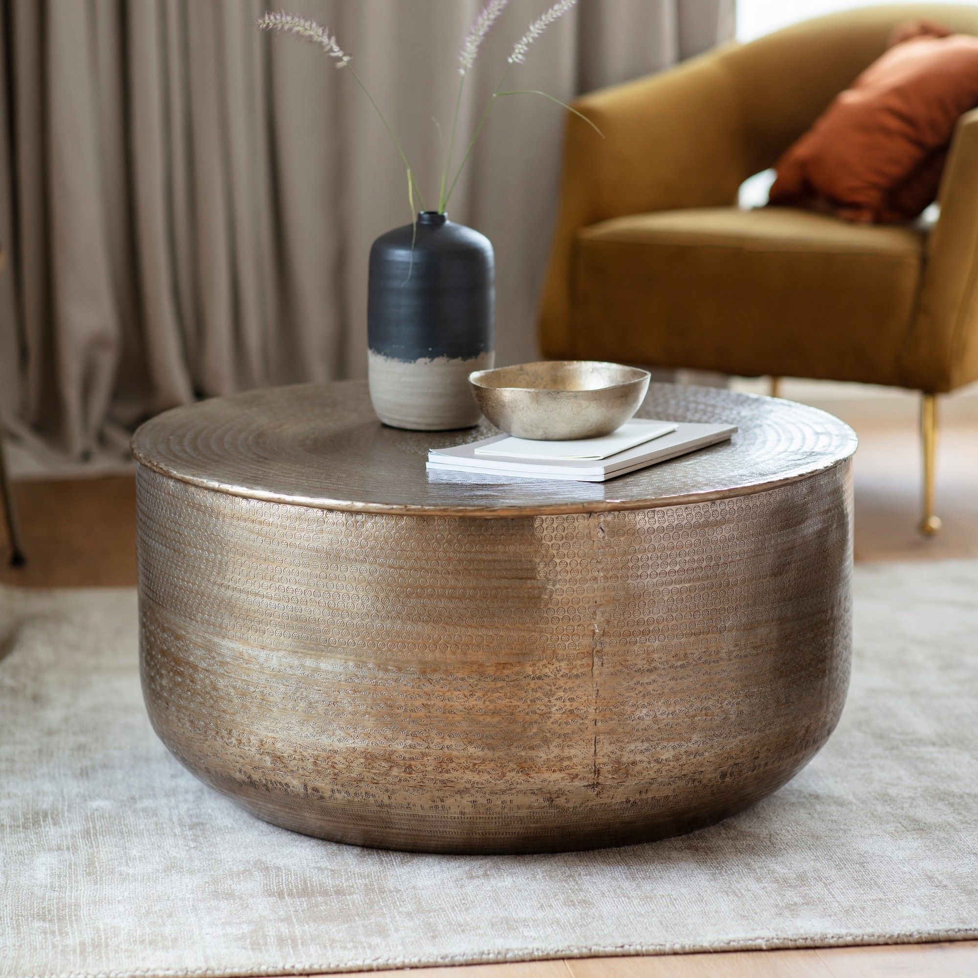 Antique Silver Aluminum Coffee Tables Inside Most Recent Akon Embossed Metal Round Coffee Table, 80cm (View 10 of 10)