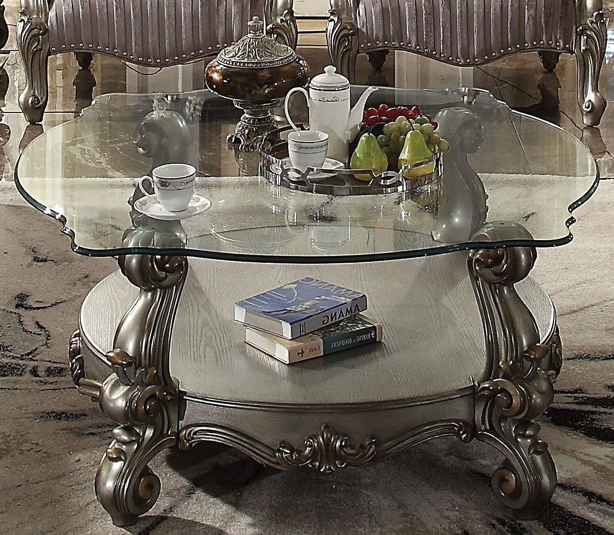 Antiqued Gold Leaf Coffee Tables In Well Known Versailles Antique Platinum And Clear Glass Coffee Table – 1stopbedrooms (View 5 of 10)