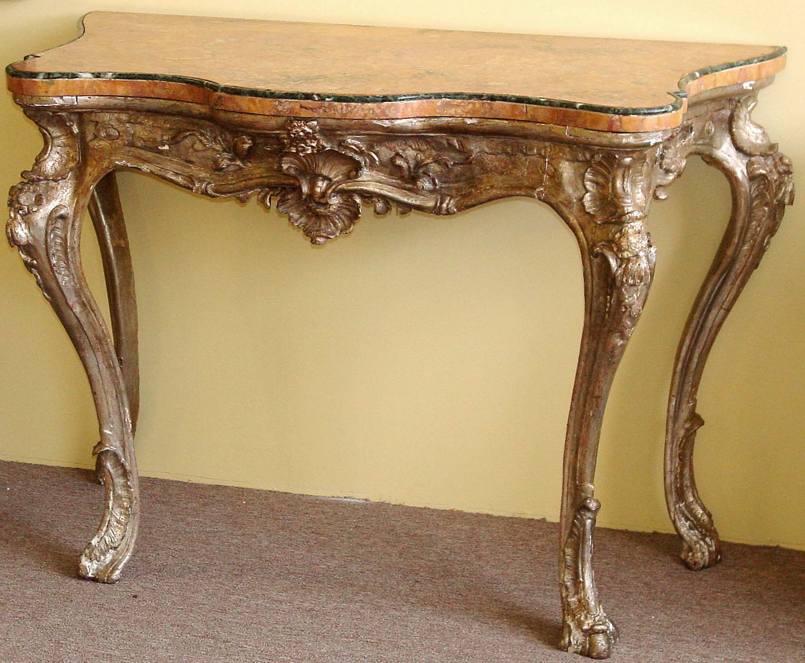 Antiqued Gold Leaf Coffee Tables Regarding Well Known Northern Italian, Rococo Period, Silver Leaf Console Table For Sale (View 8 of 10)