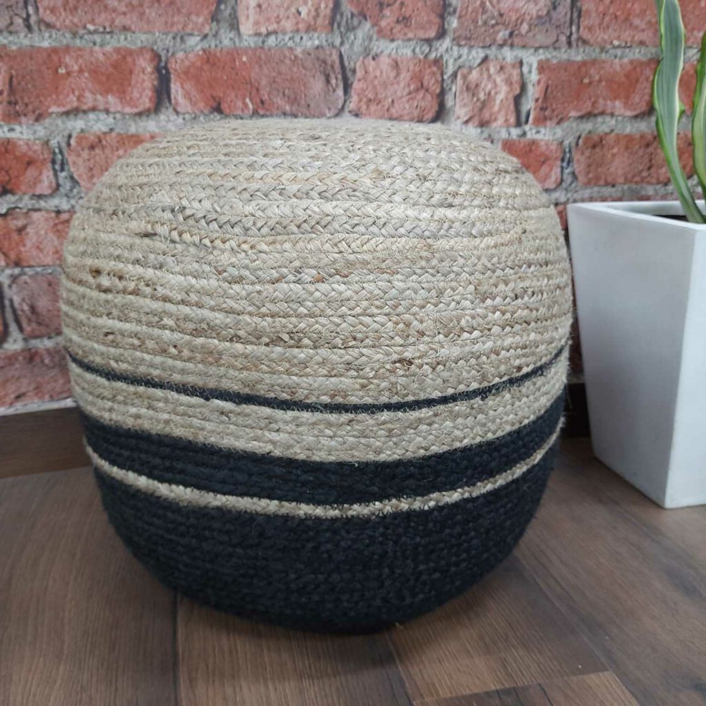 Avioni Home  Hand Braided Natural Jute Pouf With Black Base  Filled With Most Up To Date Black Jute Pouf Ottomans (View 2 of 10)