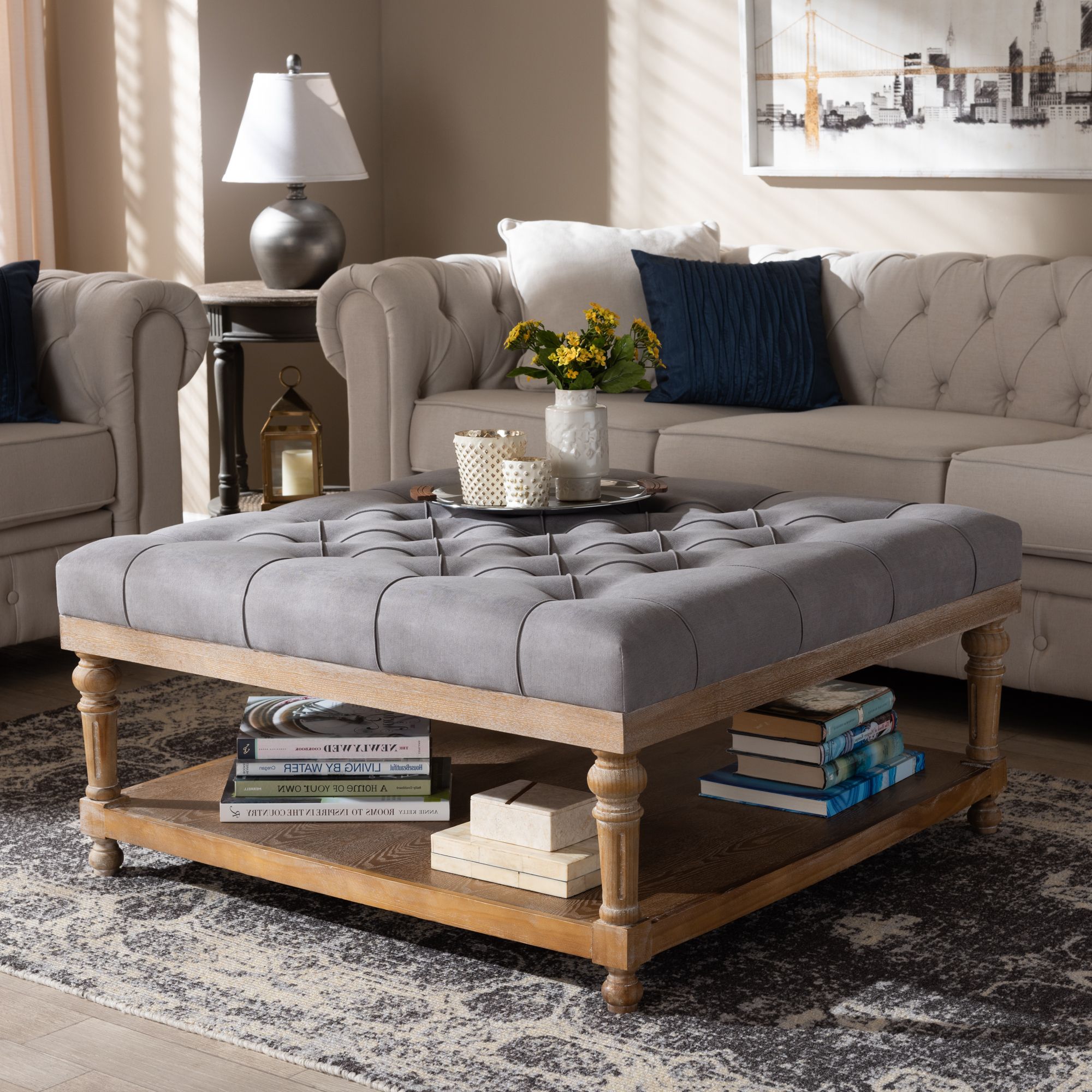 Baxton Studio Kelly Modern And Rustic Grey Linen Fabric Upholstered And With Most Popular Gray And White Fabric Ottomans With Wooden Base (View 10 of 10)