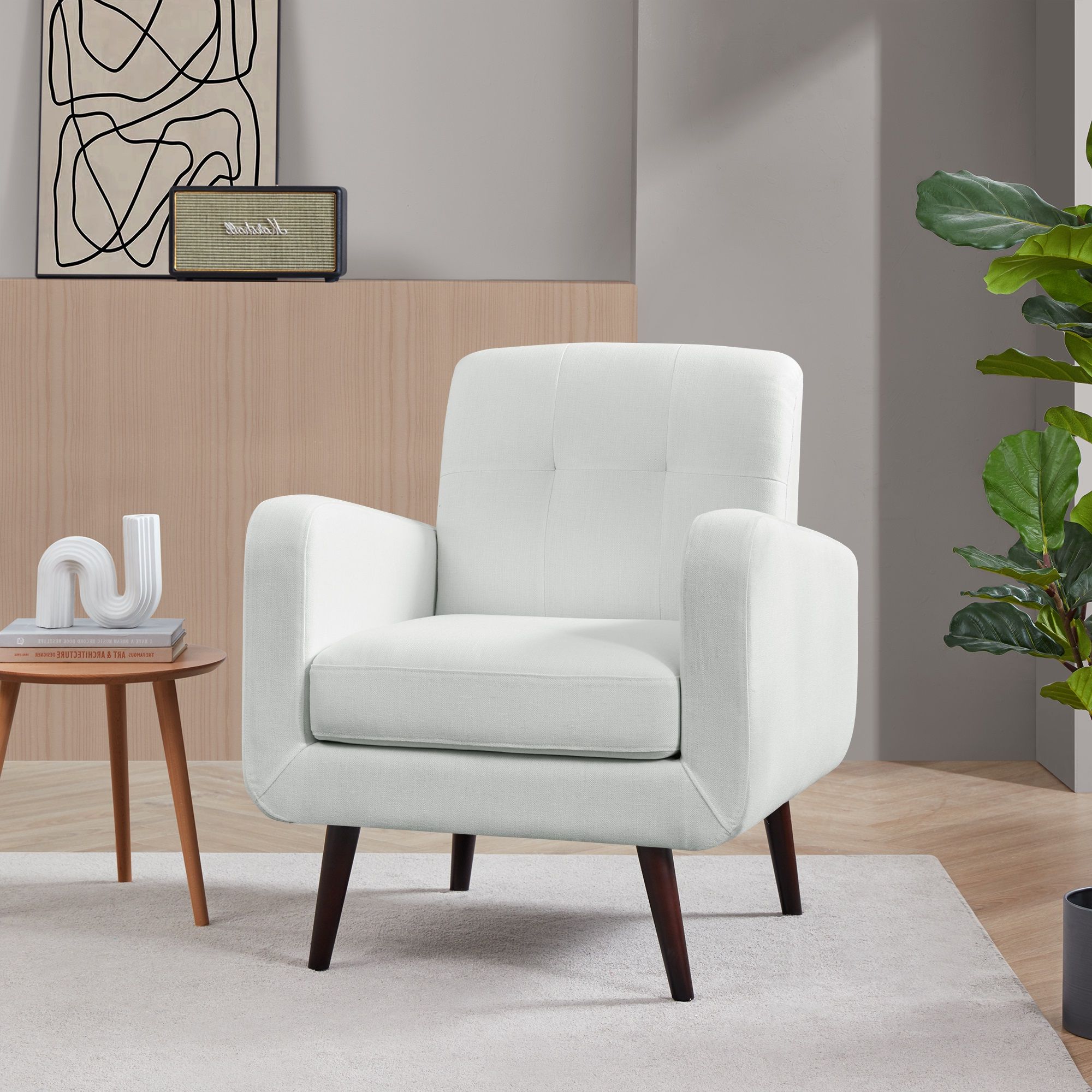 Belleze Hasting Arm Chair Comfy Fabric Upholstered Tufted Accent Chair Regarding Most Current White Textured Round Accent Stools (View 4 of 10)