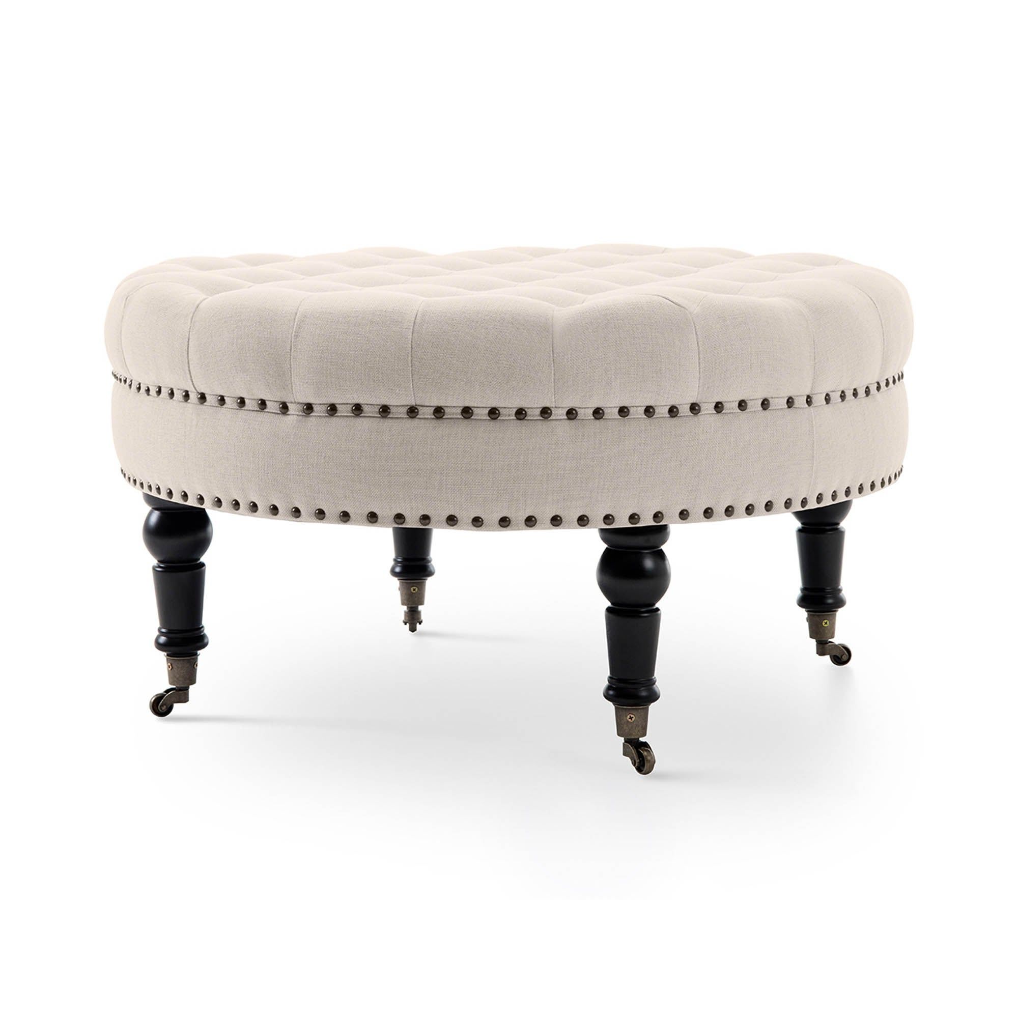Belleze Large Ottoman Cushion Round Tufted Linen Bench W/ Caster Beige With Most Up To Date Neutral Beige Linen Pouf Ottomans (View 4 of 10)