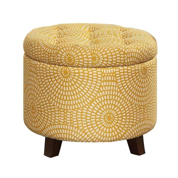 Benjara Yellow And Brown Button Tufted Wooden Round Storage Ottoman Intended For Recent Light Gray Fabric Tufted Round Storage Ottomans (View 10 of 10)
