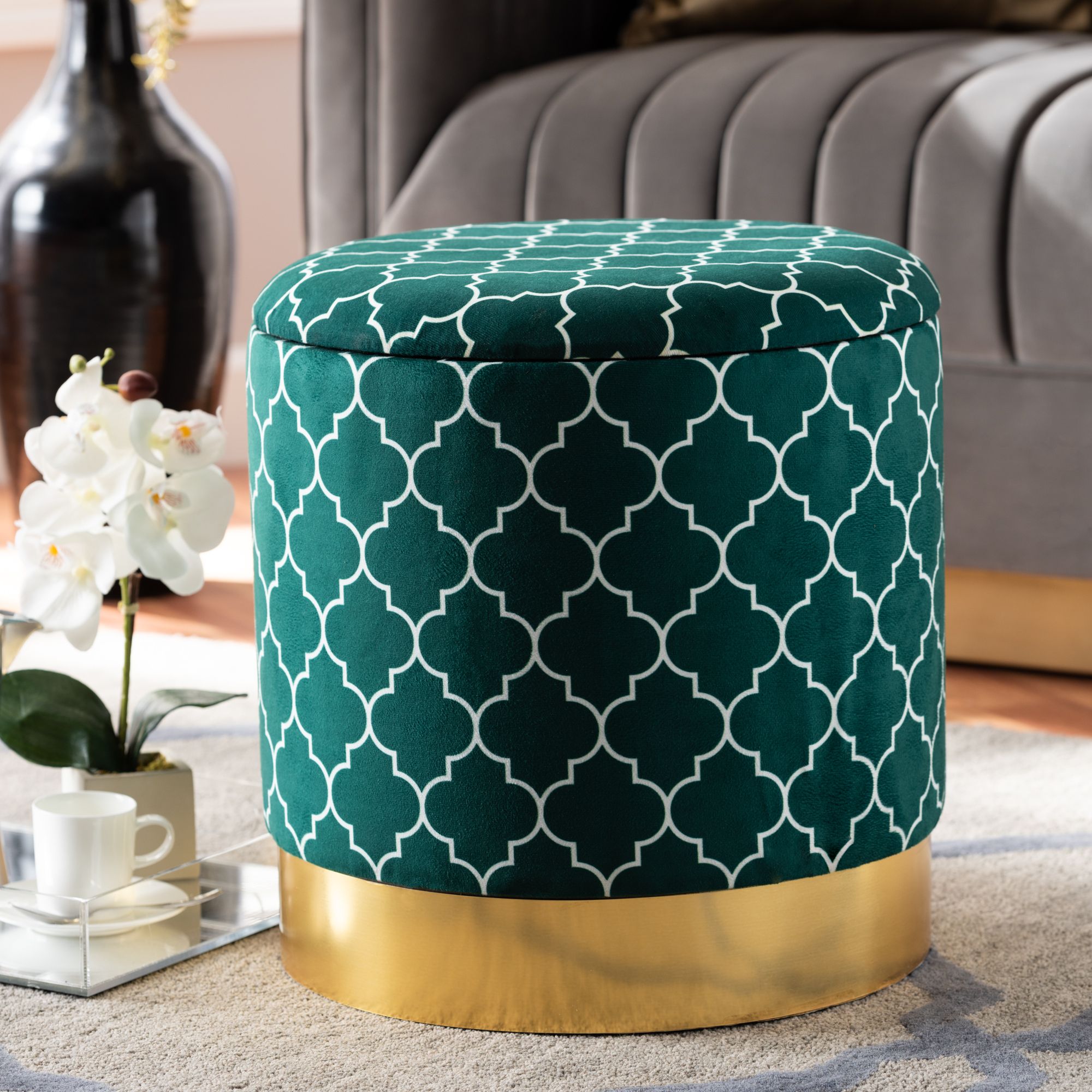 Best And Newest Green Fabric Square Storage Ottomans With Pillows Intended For Baxton Studio Serra Glam And Luxe Teal Green Quatrefoil Velvet Fabric (View 8 of 11)