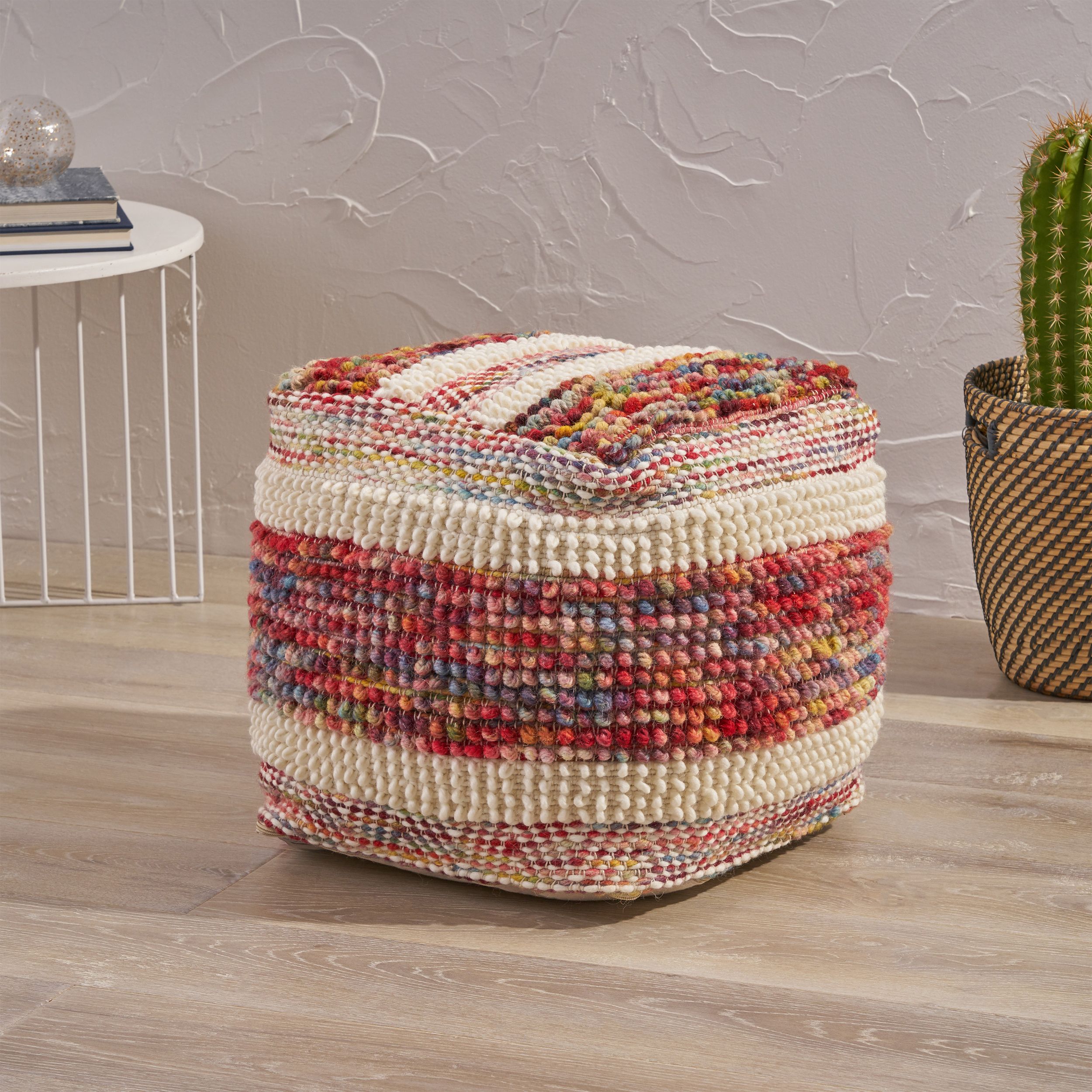 Best And Newest Ivy Boho Wool And Cotton Ottoman Pouf, Multicolored And White – Walmart Regarding Black And Natural Cotton Pouf Ottomans (View 3 of 10)